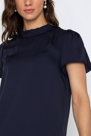 Carraig Donn Navy Satin Top with Ruffle Neck