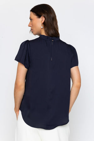 Carraig Donn Navy Satin Top with Ruffle Neck