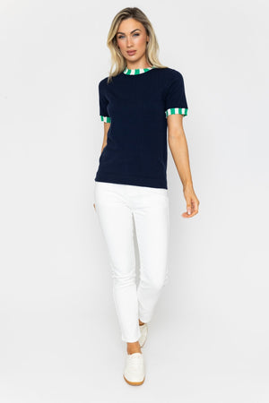 Carraig Donn Navy Short Sleeve Contrast Knit Top