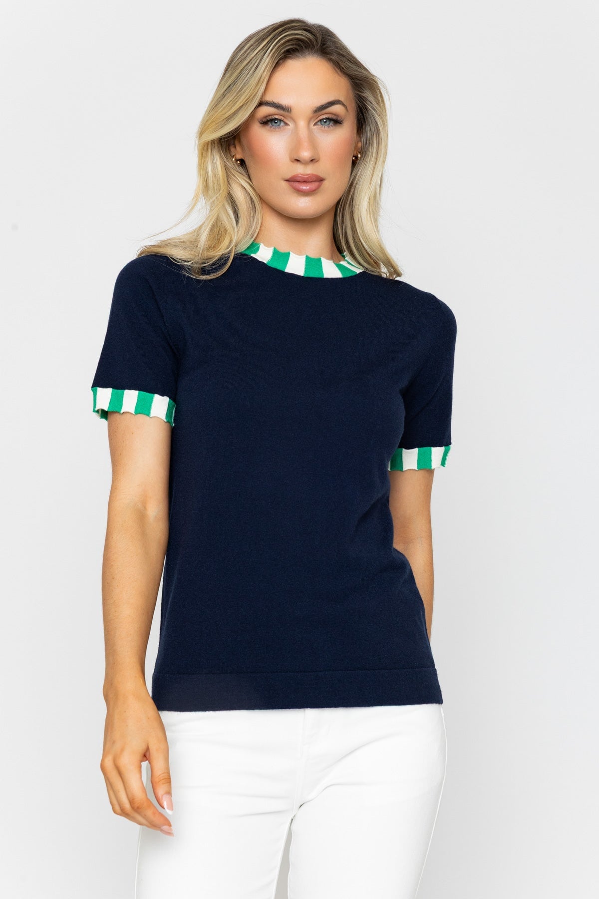 Navy Short Sleeve Contrast Knit Top