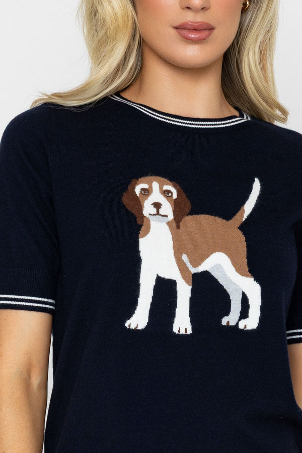 Carraig Donn Navy Short Sleeve Dog Knit Top