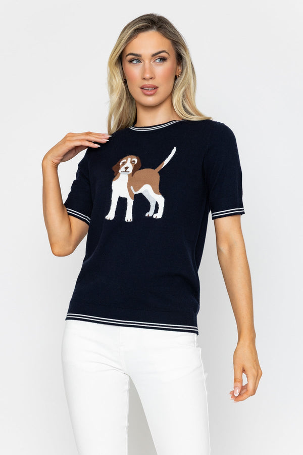 Carraig Donn Navy Short Sleeve Dog Knit Top