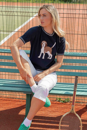 Carraig Donn Navy Short Sleeve Dog Knit Top