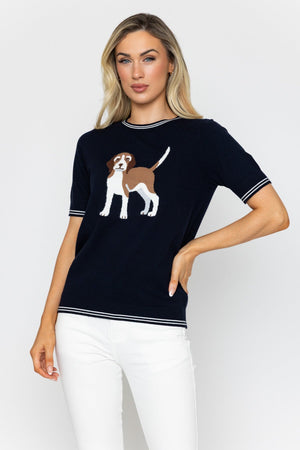 Carraig Donn Navy Short Sleeve Dog Knit Top