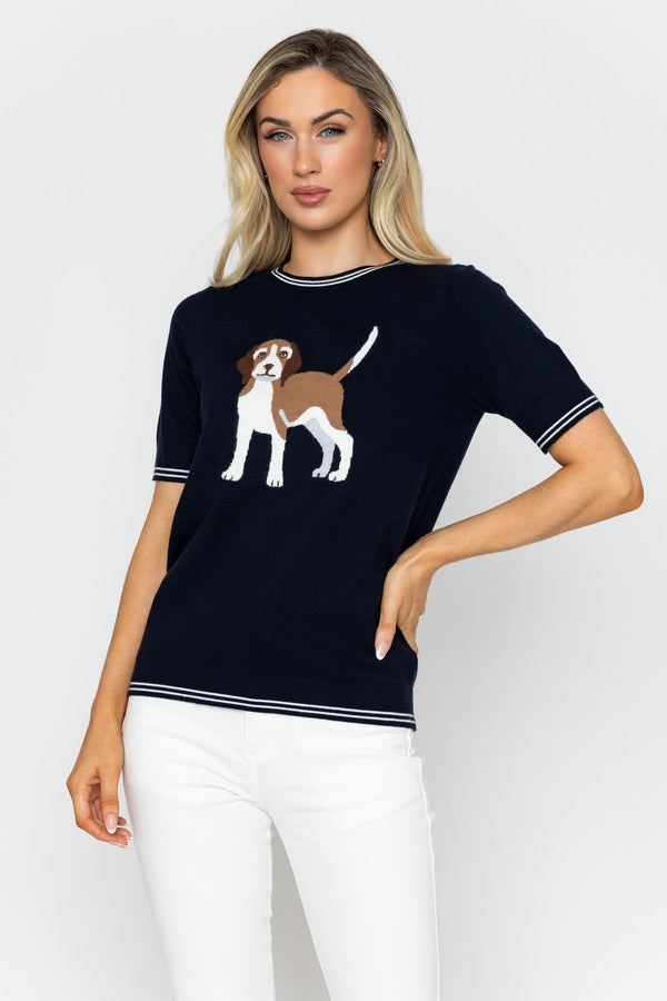 Carraig Donn Navy Short Sleeve Dog Knit Top