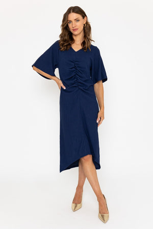 Navy Short Sleeve Ruched Midi Dress1