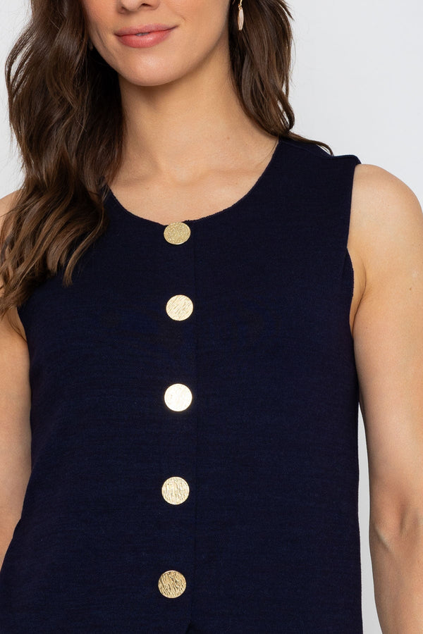 Carraig Donn Navy Sleeveless Gold Button Top