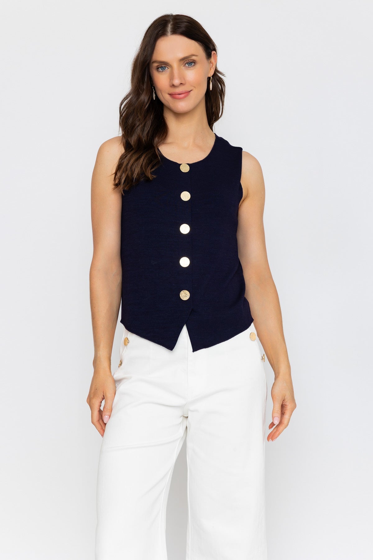 Navy Sleeveless Gold Button Top