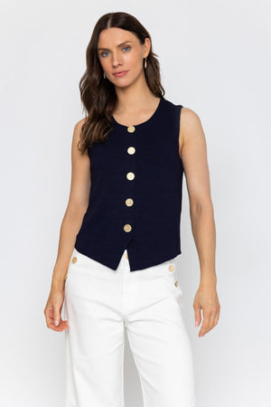 Carraig Donn Navy Sleeveless Gold Button Top