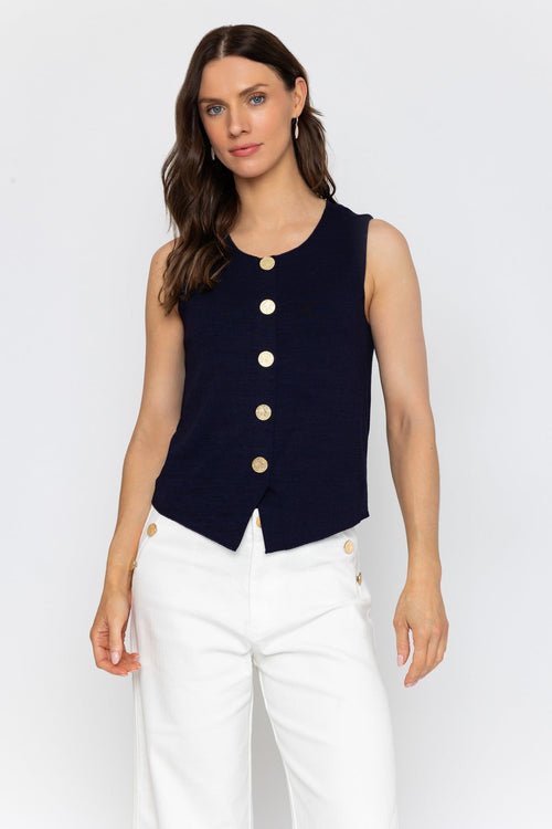 Carraig Donn Navy Sleeveless Gold Button Top