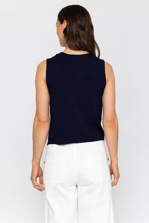 Carraig Donn Navy Sleeveless Gold Button Top