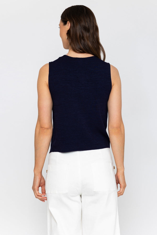 Carraig Donn Navy Sleeveless Gold Button Top