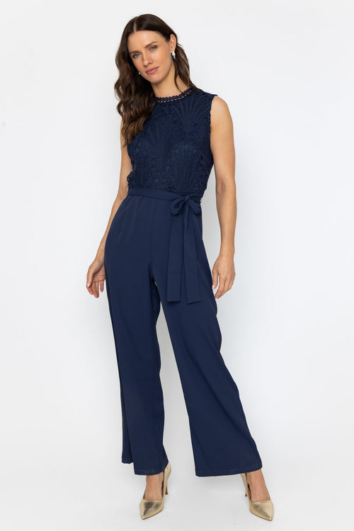 Navy Sleeveless Lace Detail Jumpsuit