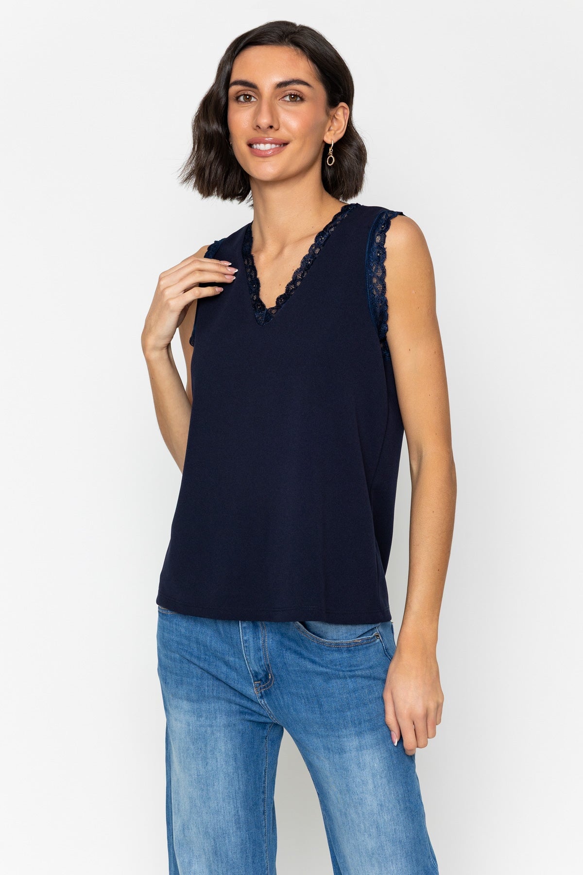 Navy Sleeveless Lace Trim Scuba Cami