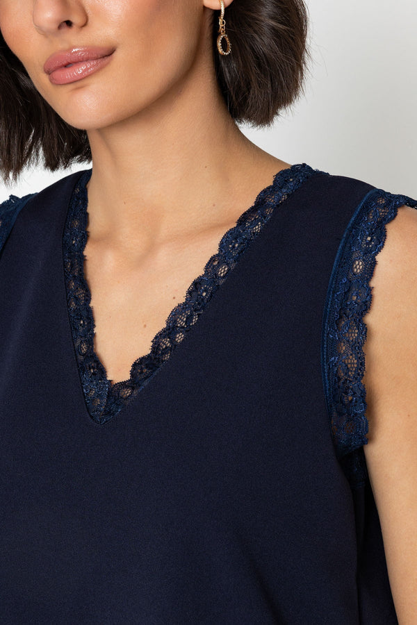 Carraig Donn Navy Sleeveless Lace Trim Scuba Cami