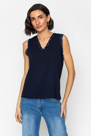 Carraig Donn Navy Sleeveless Lace Trim Scuba Cami