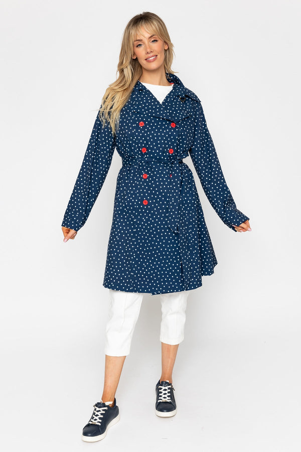 Carraig Donn Navy Spot Trench Coat With Contrast Buttons