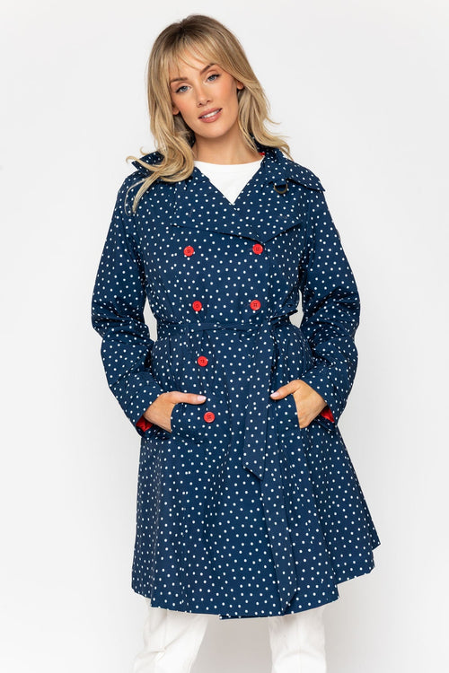 Navy Spot Trench Coat With Contrast Buttons
