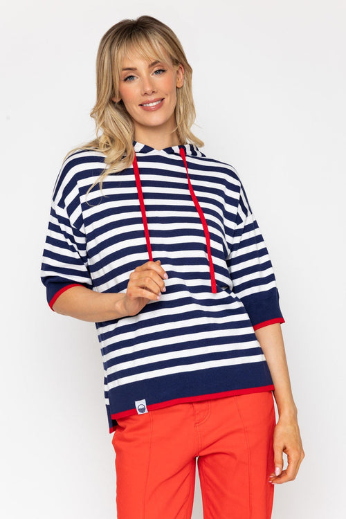 Navy Stripe Knit Sweater With Hood