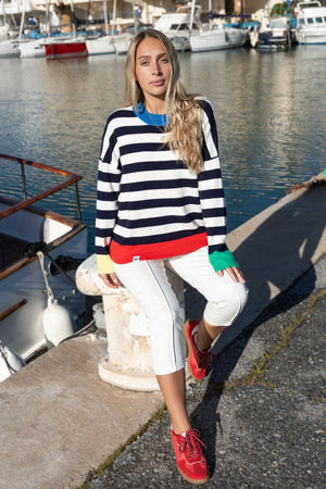 Carraig Donn Navy Stripe Sweater With Contrast