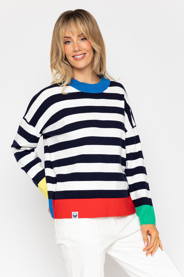 Carraig Donn Navy Stripe Sweater With Contrast