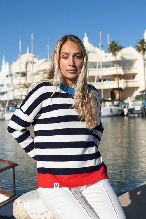 Carraig Donn Navy Stripe Sweater With Contrast