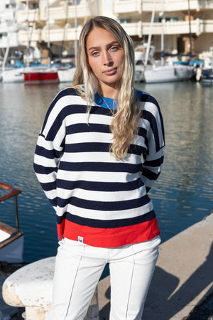 Carraig Donn Navy Stripe Sweater With Contrast