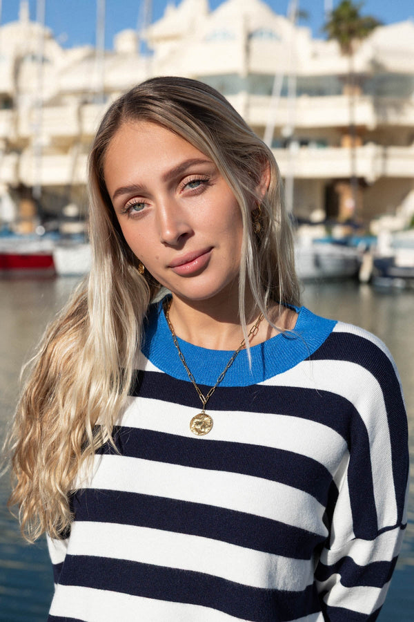 Carraig Donn Navy Stripe Sweater With Contrast