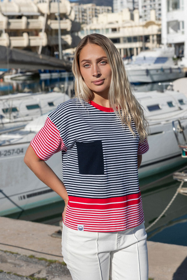 Carraig Donn Navy Stripe T-Shirt With Pocket