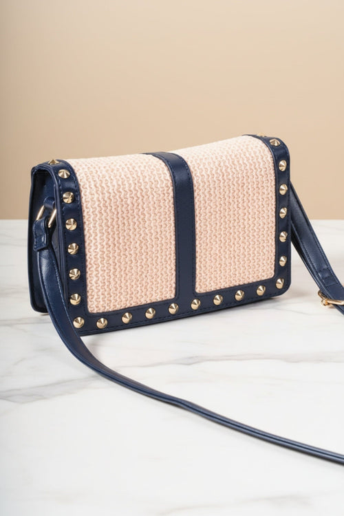 Navy Stud Detail Straw Crossbody Bag