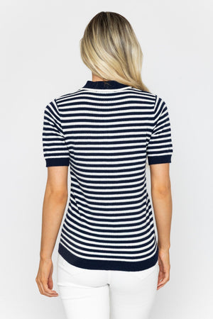 Carraig Donn Navy & White Lurex Striped Short Sleeve Knit Top
