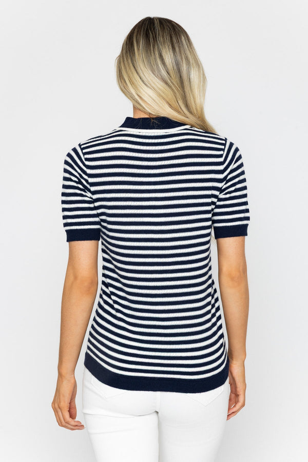 Carraig Donn Navy & White Lurex Striped Short Sleeve Knit Top