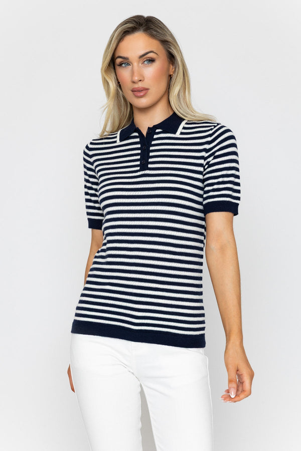 Carraig Donn Navy & White Lurex Striped Short Sleeve Knit Top