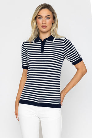 Carraig Donn Navy & White Lurex Striped Short Sleeve Knit Top