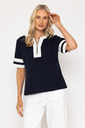 Carraig Donn Navy Zip Detail Contrast Top