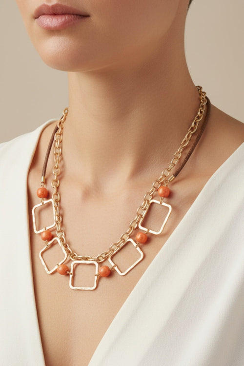 Orange & Gold Square Link Necklace
