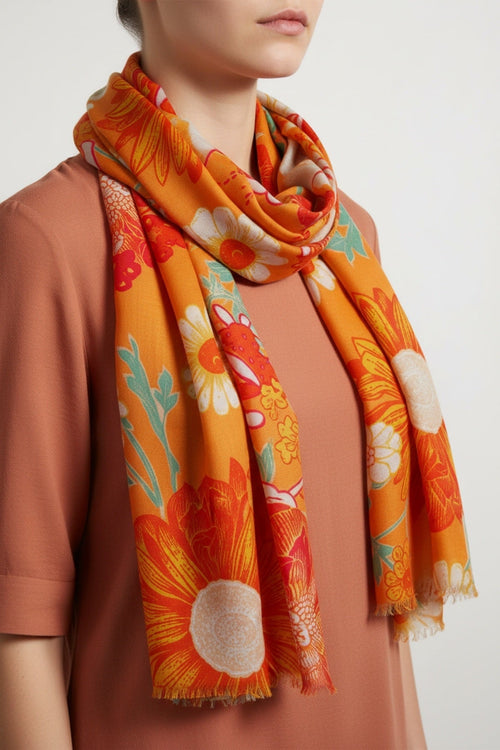 Orange Large Floral Print Scarf