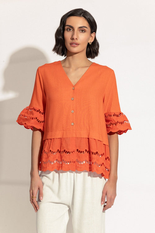 Orange Linen Blend Embroidered Top