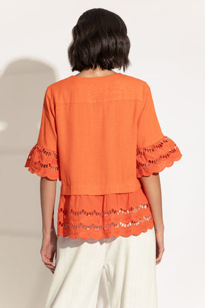 Carraig Donn Orange Linen Blend Embroidered Top