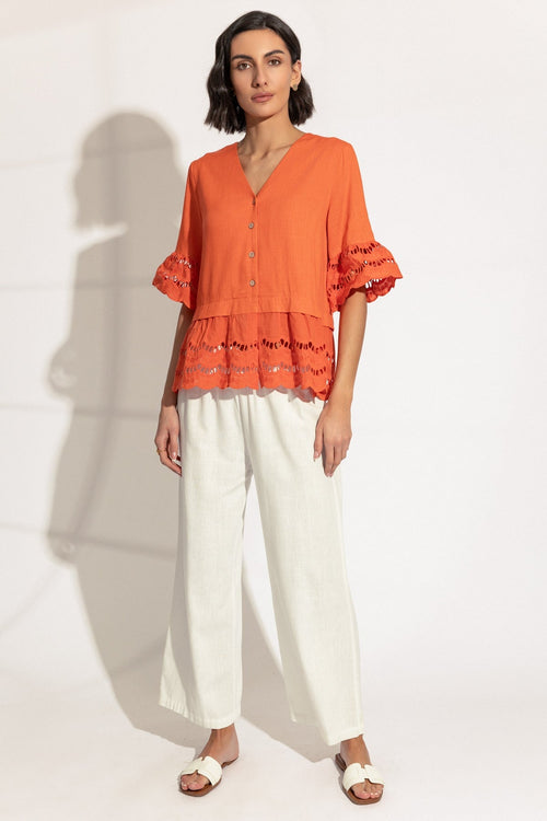 Carraig Donn Orange Linen Blend Embroidered Top