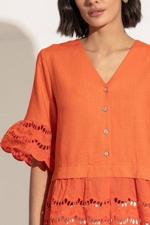 Carraig Donn Orange Linen Blend Embroidered Top