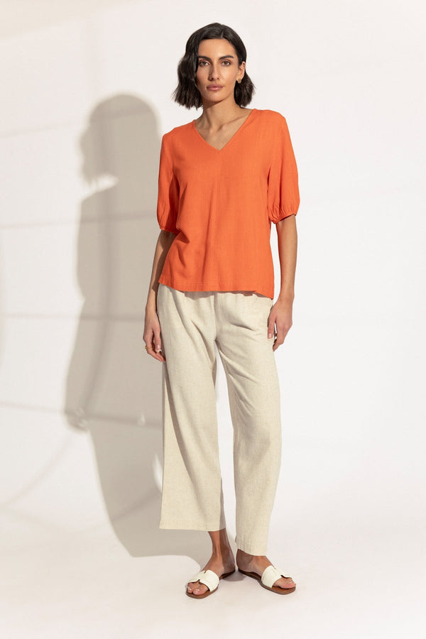 Carraig Donn Orange Linen Blend Puff Sleeve Top