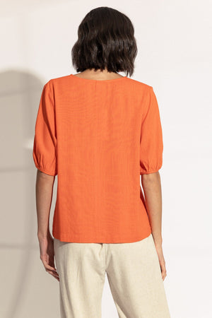 Carraig Donn Orange Linen Blend Puff Sleeve Top