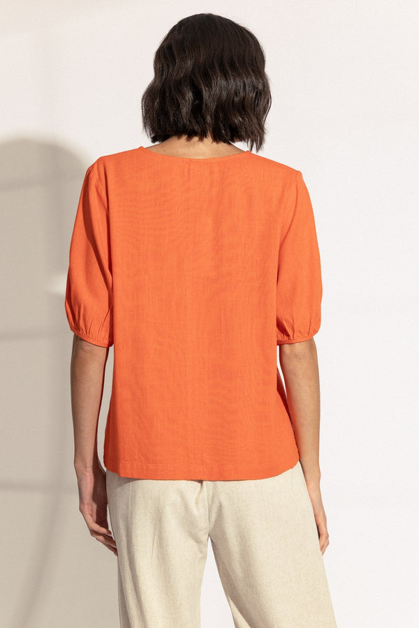 Carraig Donn Orange Linen Blend Puff Sleeve Top