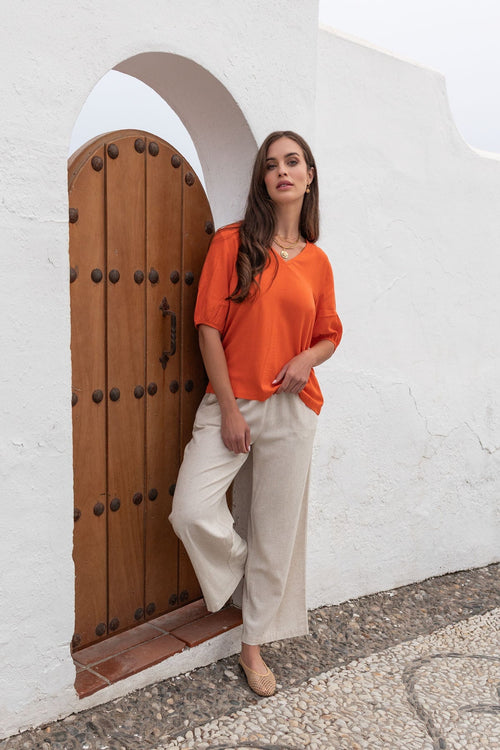 Carraig Donn Orange Linen Blend Puff Sleeve Top