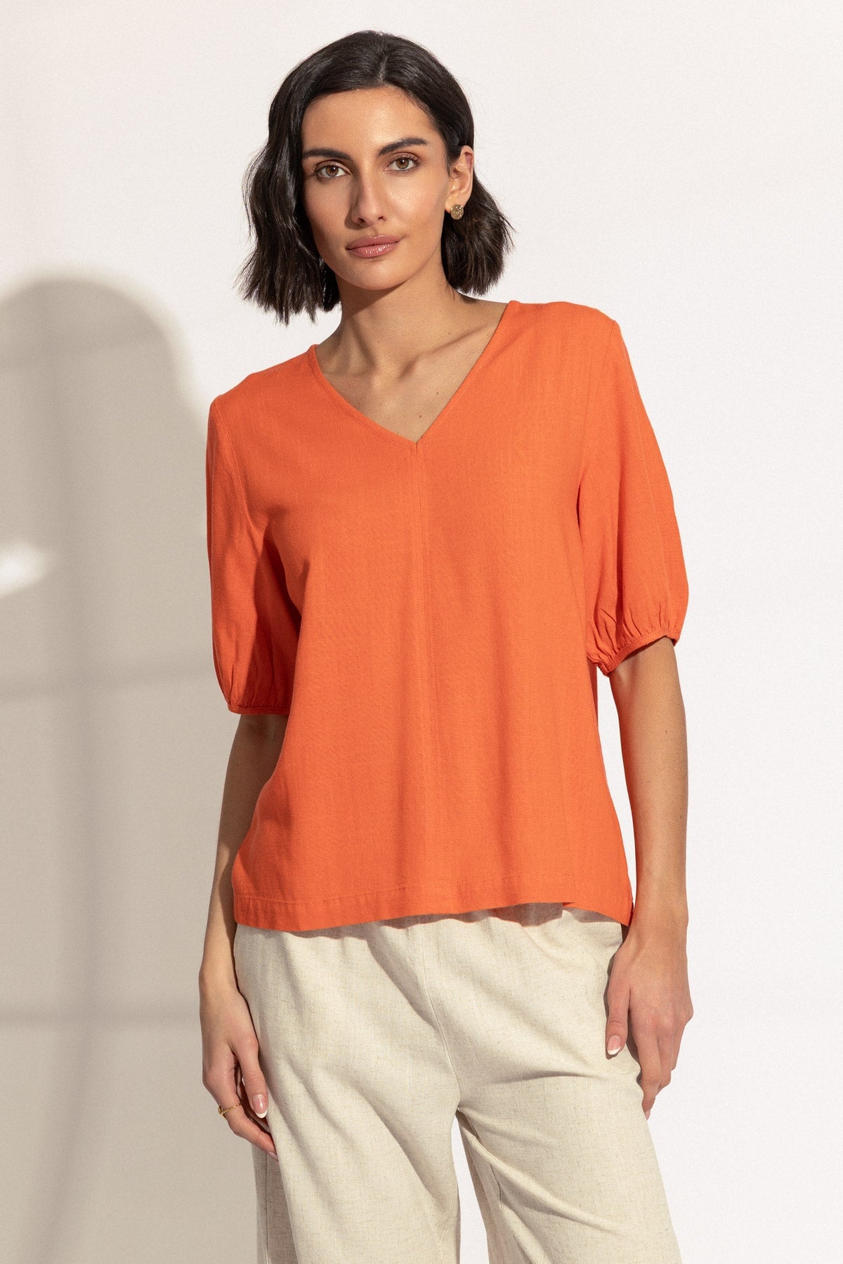 Orange Linen Blend Puff Sleeve Top