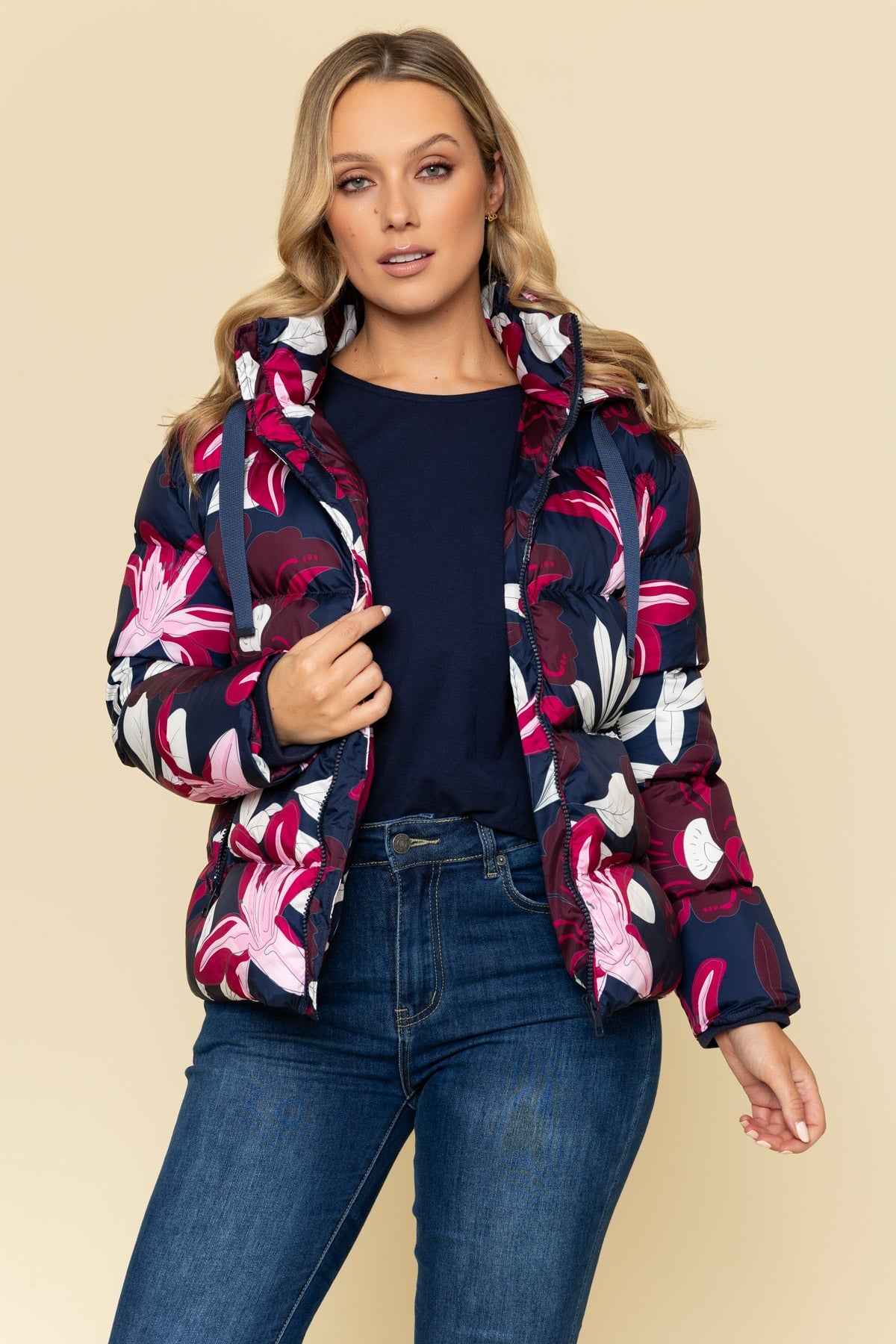 Padded Floral Print Jacket in Navy