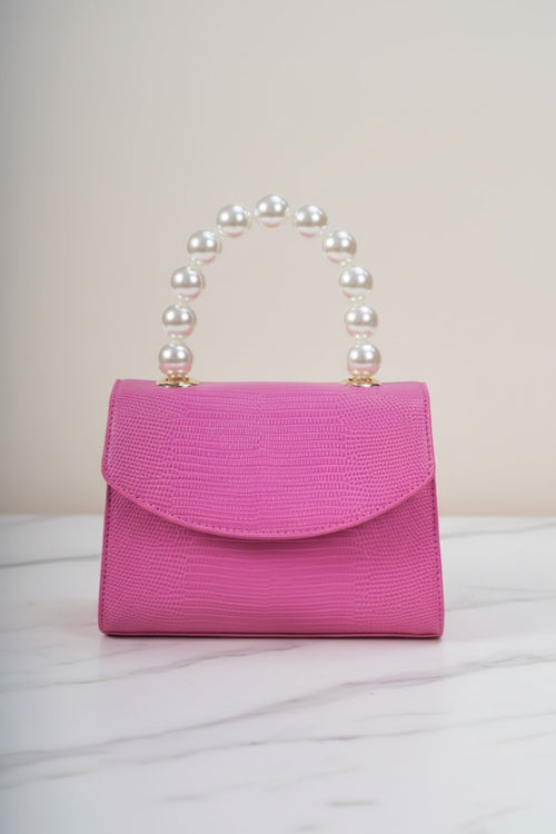 Pearl Top Handle Clutch Bag in Fuchsia Pink