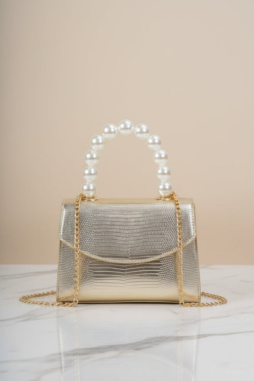 Pearl Top Handle Clutch Bag in Gold