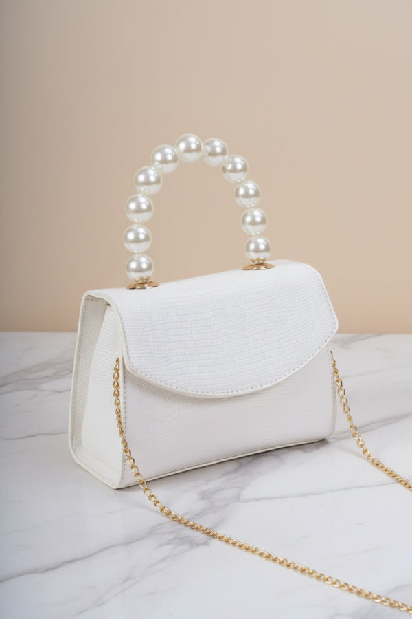 Carraig Donn Pearl Top Handle Clutch Bag in White
